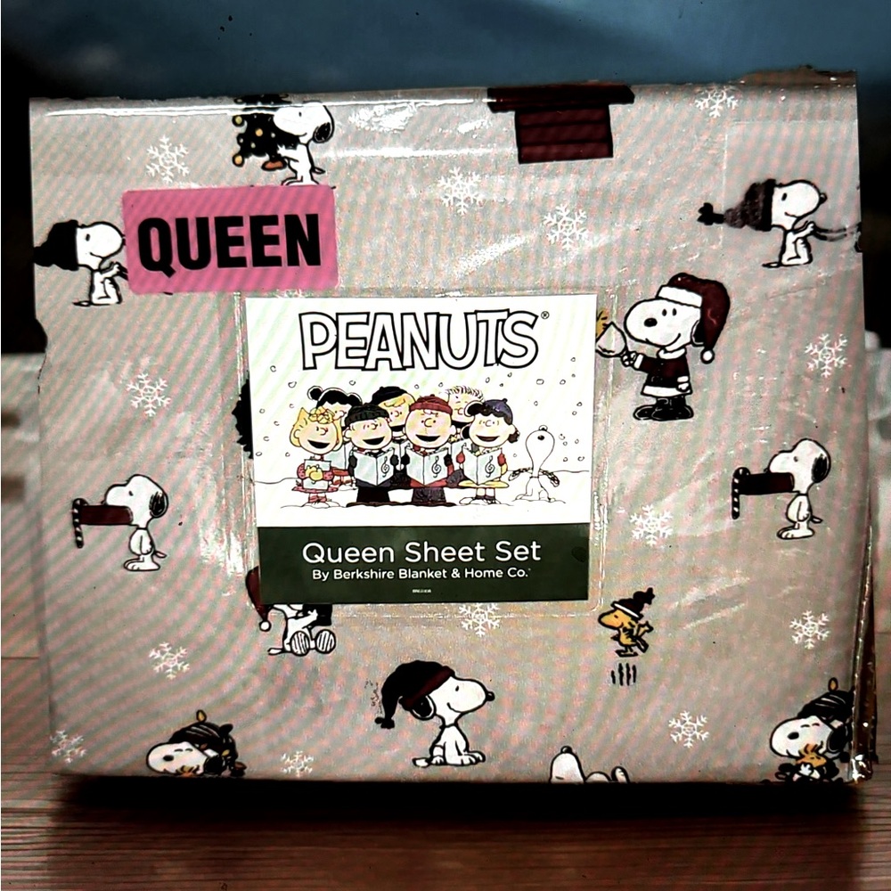 New Peanuts Charlie Brown Snoopy Xmas Queen Bedroom Sheets Doghouse Lights Gray